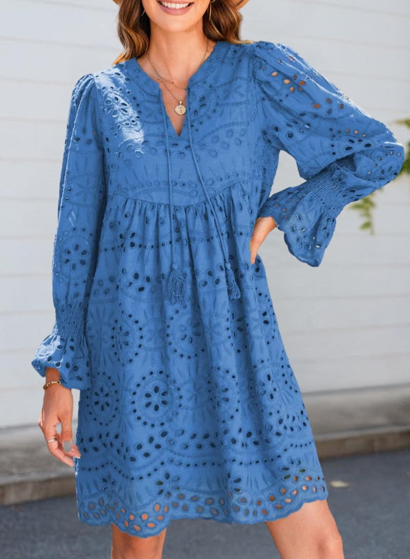 Women's Lace Dress with Long Sleeve & Tassel Tie | Mini