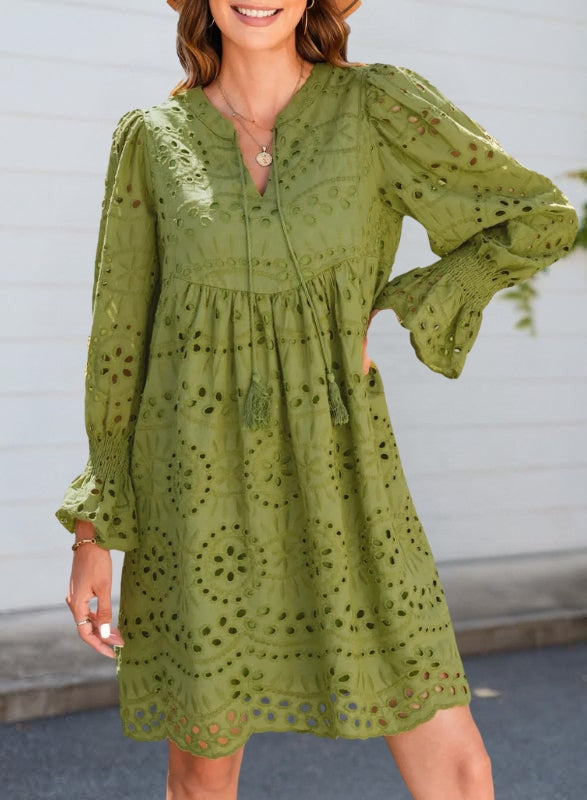 Women's Lace Dress with Long Sleeve & Tassel Tie | Mini