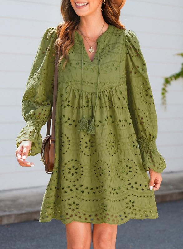 Women's Lace Dress with Long Sleeve & Tassel Tie | Mini