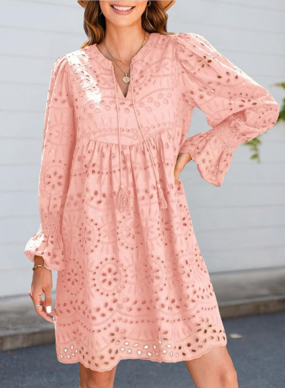 Women's Lace Dress with Long Sleeve & Tassel Tie | Mini
