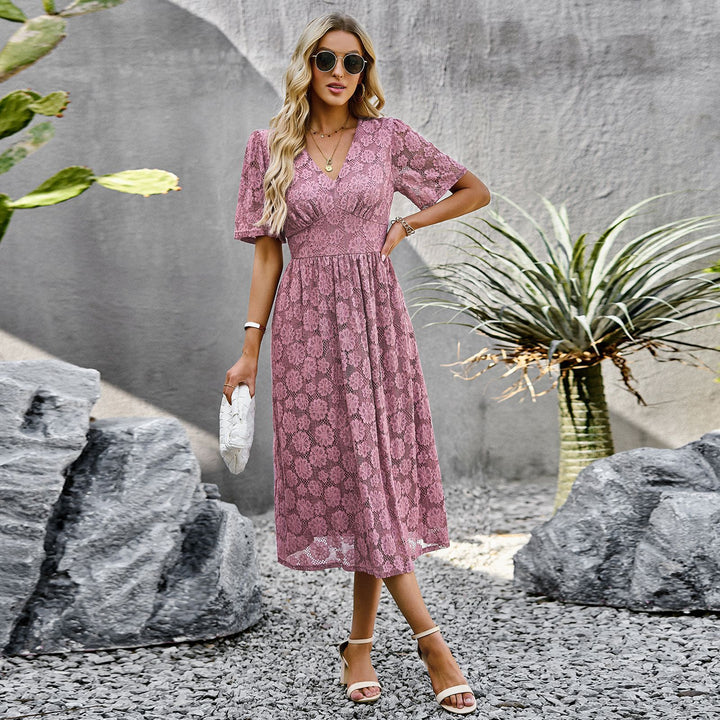 Women's Lace Dress with V-Neck & Flutter Sleeve | Midi
