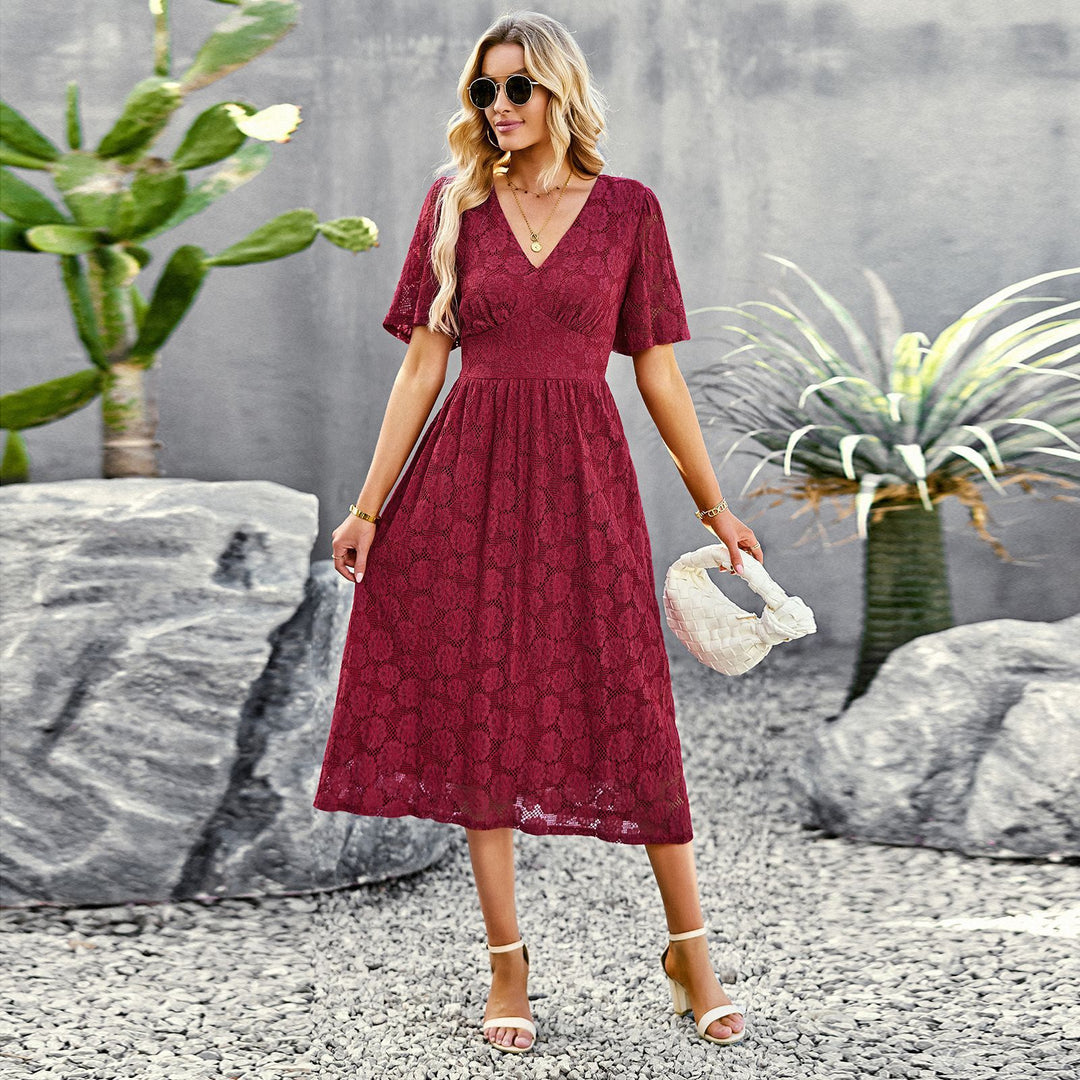 Women's Lace Dress with V-Neck & Flutter Sleeve | Midi