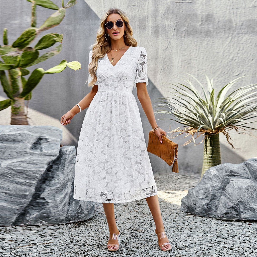 Women's Lace Dress with V-Neck & Flutter Sleeve | Midi