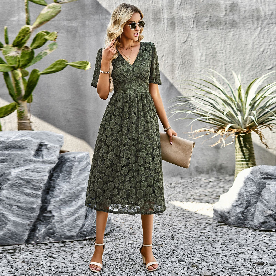 Women's Lace Dress with V-Neck & Flutter Sleeve | Midi