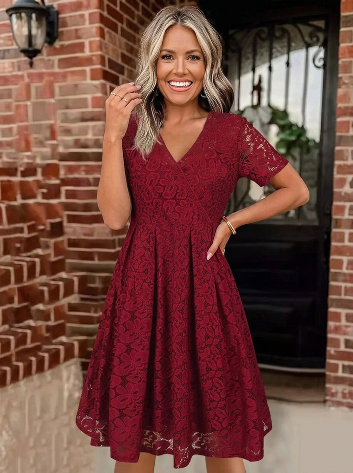 Women's Lace Dress with V-Neck & Short Sleeve | Midi
