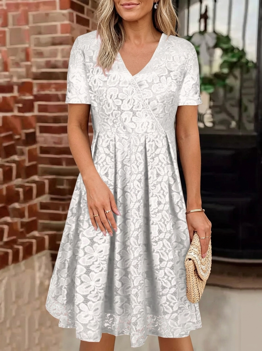 Women's Lace Dress with V-Neck & Short Sleeve | Midi