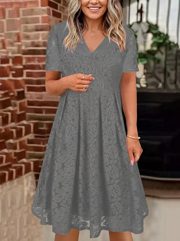 Women's Lace Dress with V-Neck & Short Sleeve | Midi
