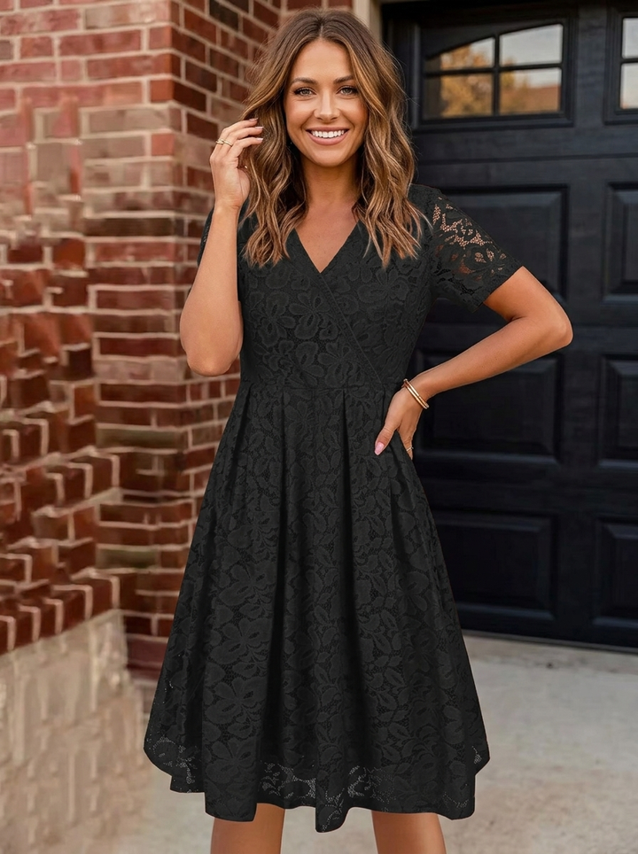 Women's Lace Dress with V-Neck & Short Sleeve | Midi