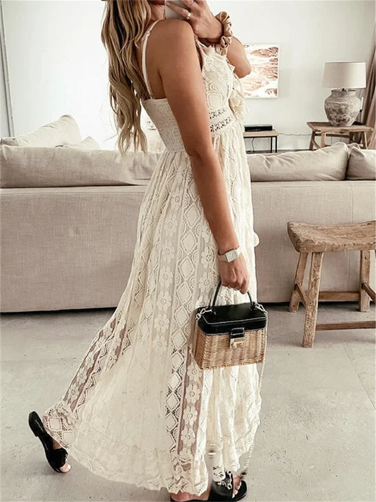 Women's Lace Dress with V-Neck & Tassel Ties | Boho