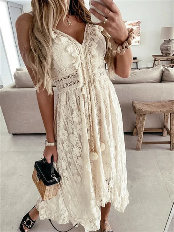 Women's Lace Dress with V-Neck & Tassel Ties | Boho