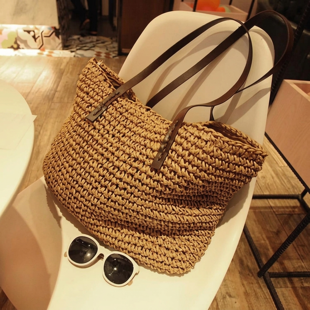 Women's Large Straw Beach Bag Bucket | Tall Straps