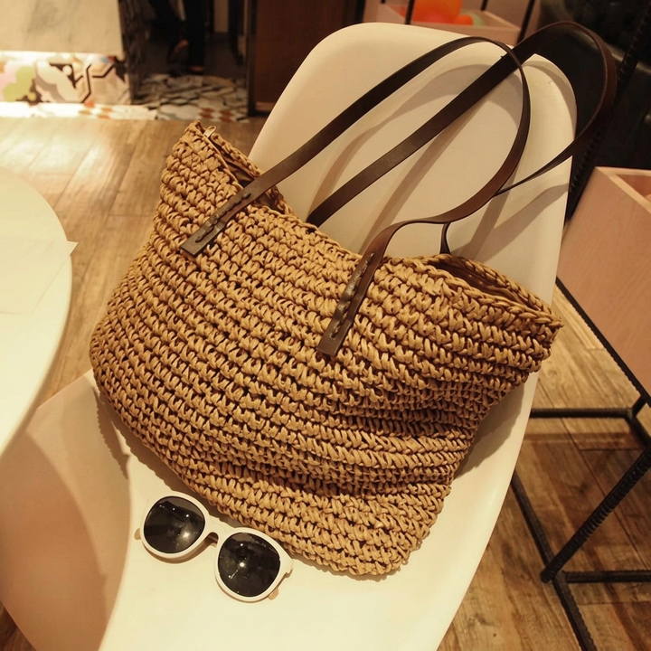 Women's Large Straw Beach Bag Bucket | Tall Straps