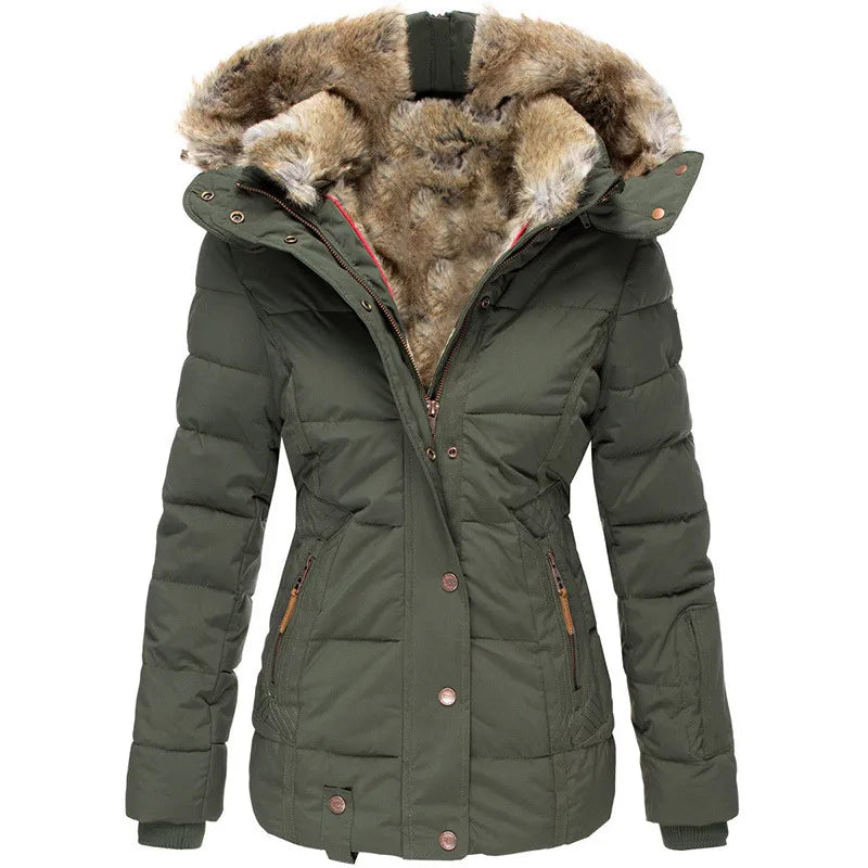 Women's Lined Winter Jacket with Hood & Snap Front | Quilted
