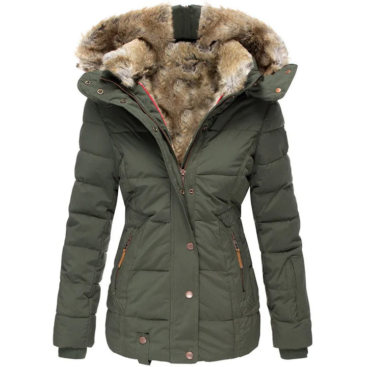 Women's Lined Winter Jacket with Hood & Snap Front | Quilted