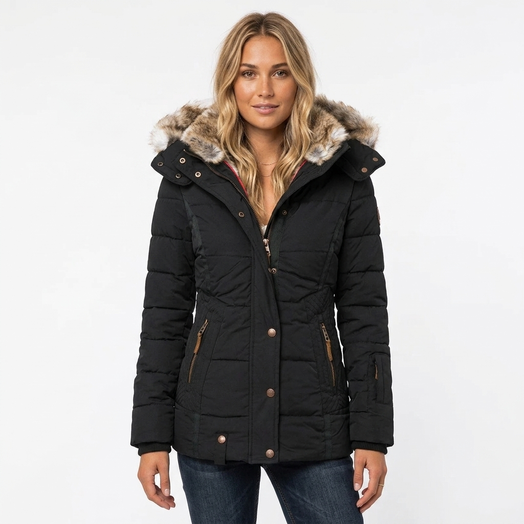 Women's Lined Winter Jacket with Hood & Snap Front | Quilted