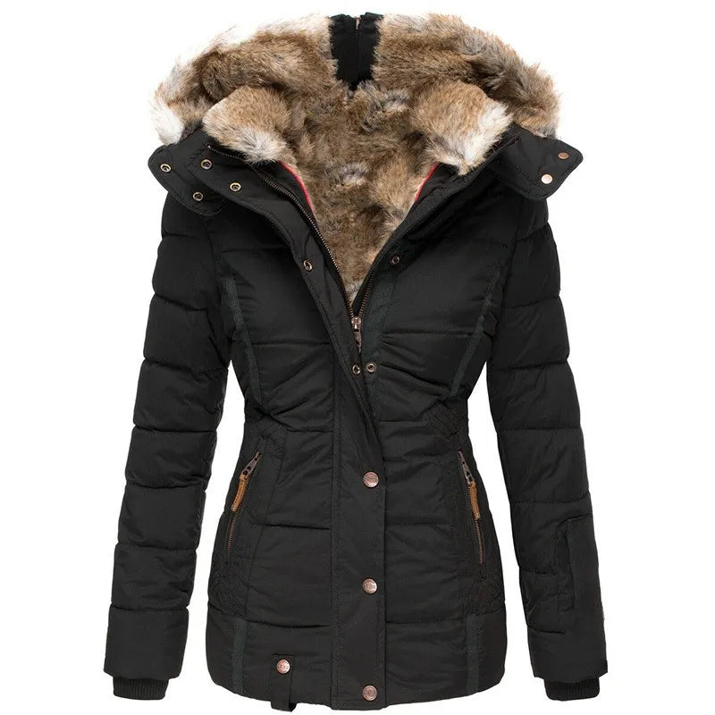 Women's Lined Winter Jacket with Hood & Snap Front | Quilted