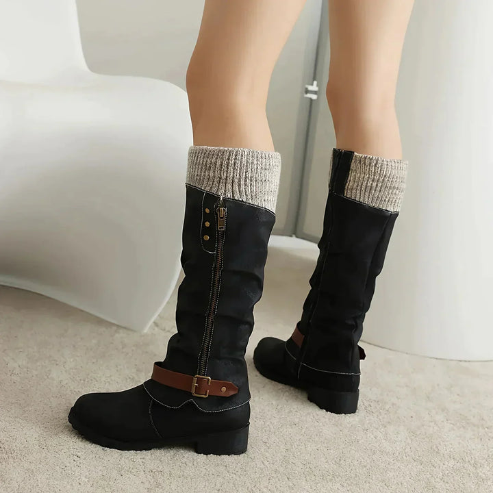 Women's Long Black Boots with Buckle | Knit Cuff