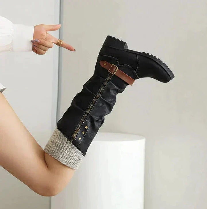 Women's Long Black Boots with Buckle | Knit Cuff