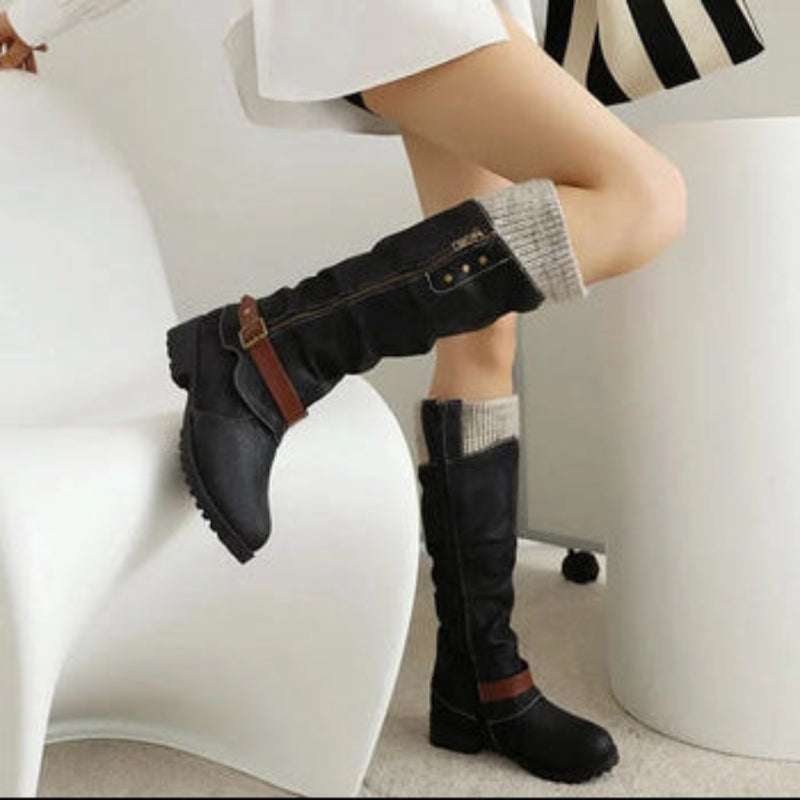 Women's Long Black Boots with Buckle | Knit Cuff