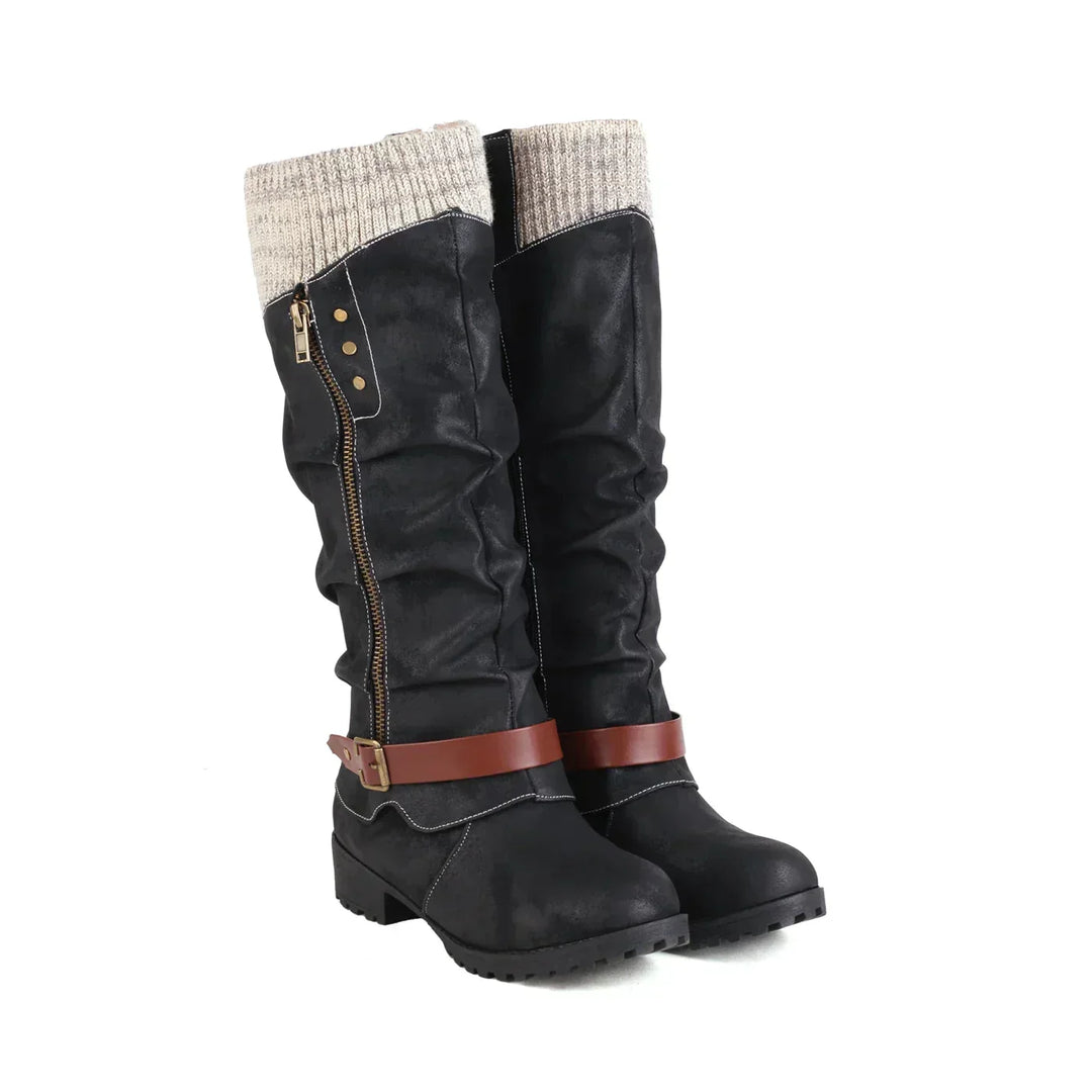 Women's Long Black Boots with Buckle | Knit Cuff