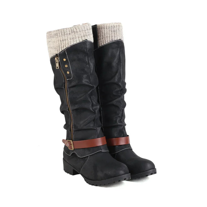 Women's Long Black Boots with Buckle | Knit Cuff