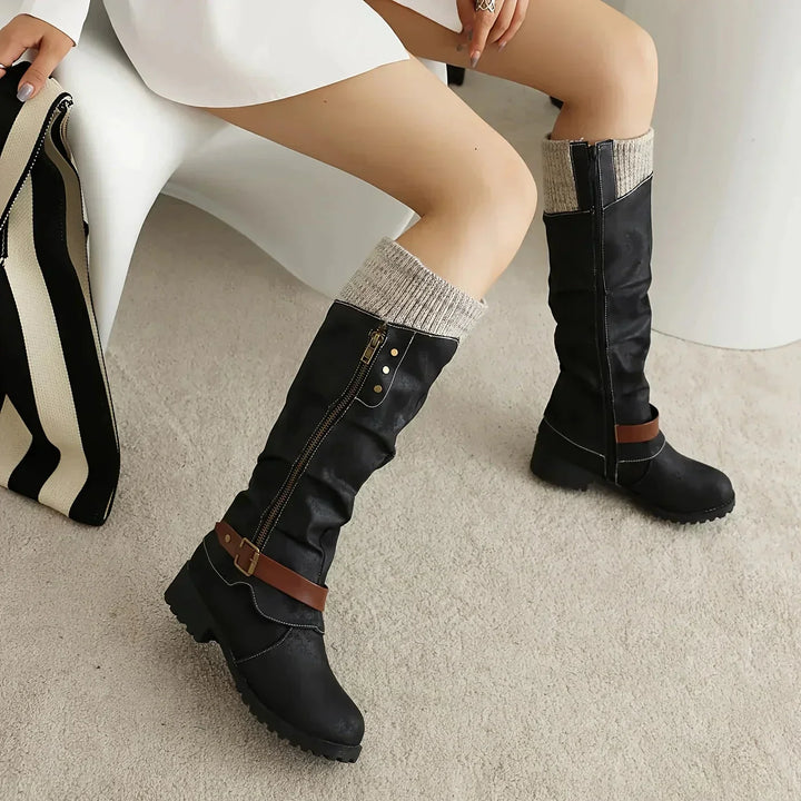 Women's Long Black Boots with Buckle | Knit Cuff