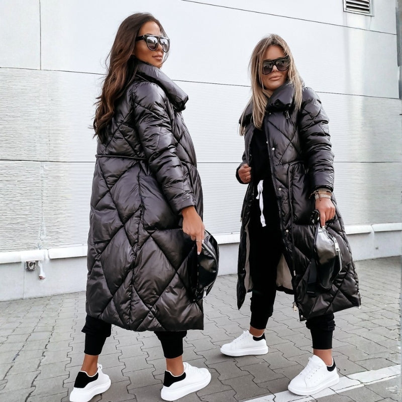 Women's Long Quilted Coat with High Collar & Zip | Puffer