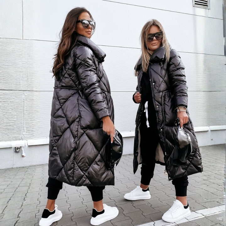 Women's Long Quilted Coat with High Collar & Zip | Puffer