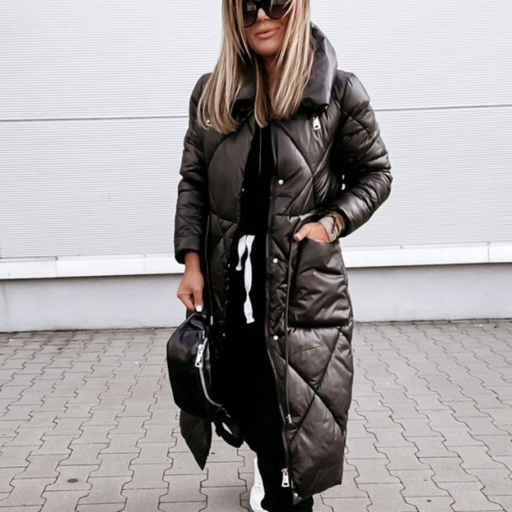 Women's Long Quilted Coat with High Collar & Zip | Puffer