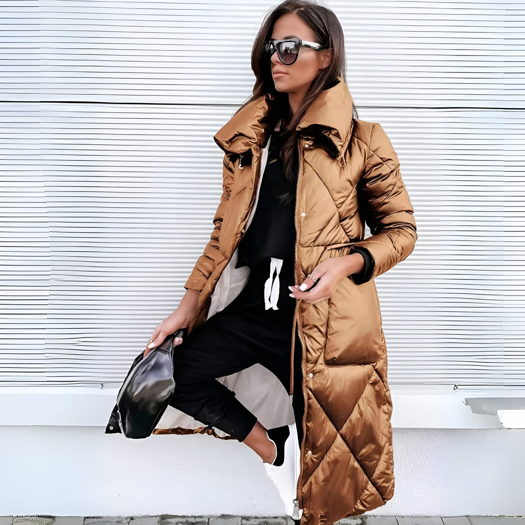 Women's Long Quilted Coat with High Collar & Zip | Puffer