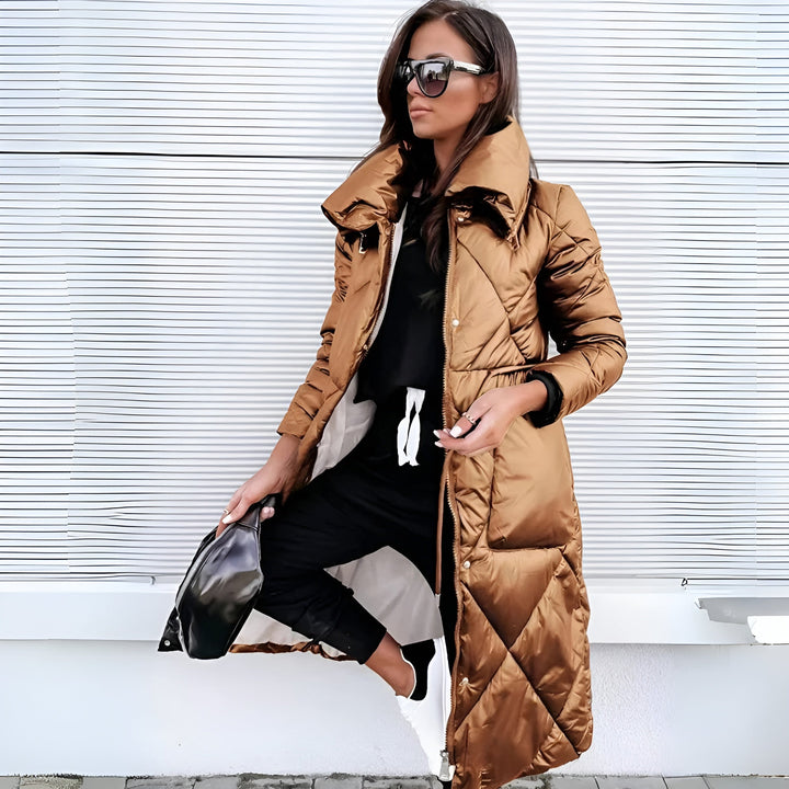 Women's Long Quilted Coat with High Collar & Zip | Puffer