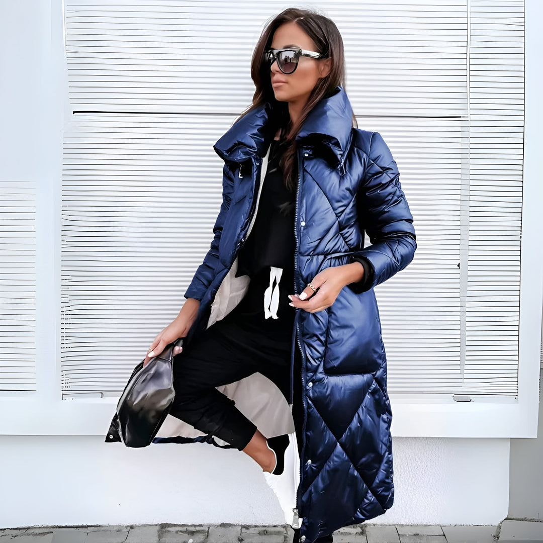 Women's Long Quilted Coat with High Collar & Zip | Puffer