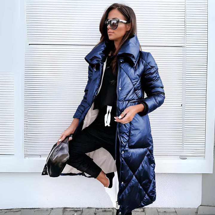 Women's Long Quilted Coat with High Collar & Zip | Puffer