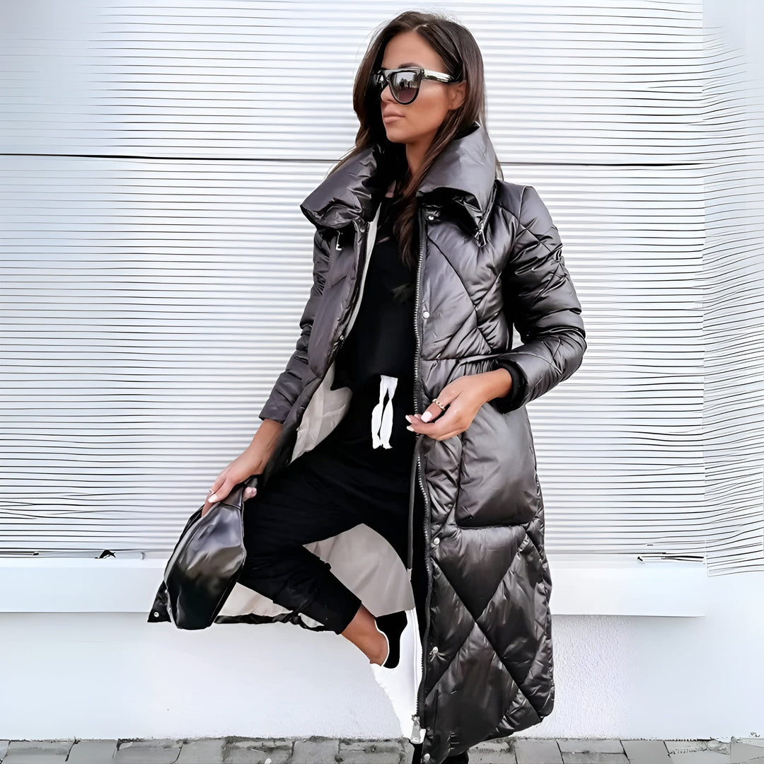 Women's Long Quilted Coat with High Collar & Zip | Puffer