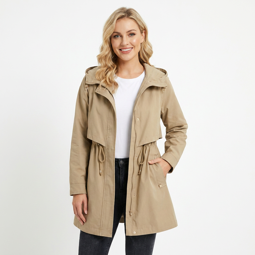 Women's Long Rain Jacket with Hood | Drawstring