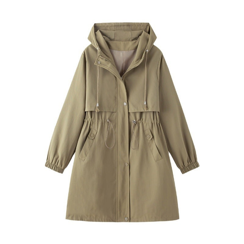 Women's Long Rain Jacket with Hood & Drawstring Waist | Trench