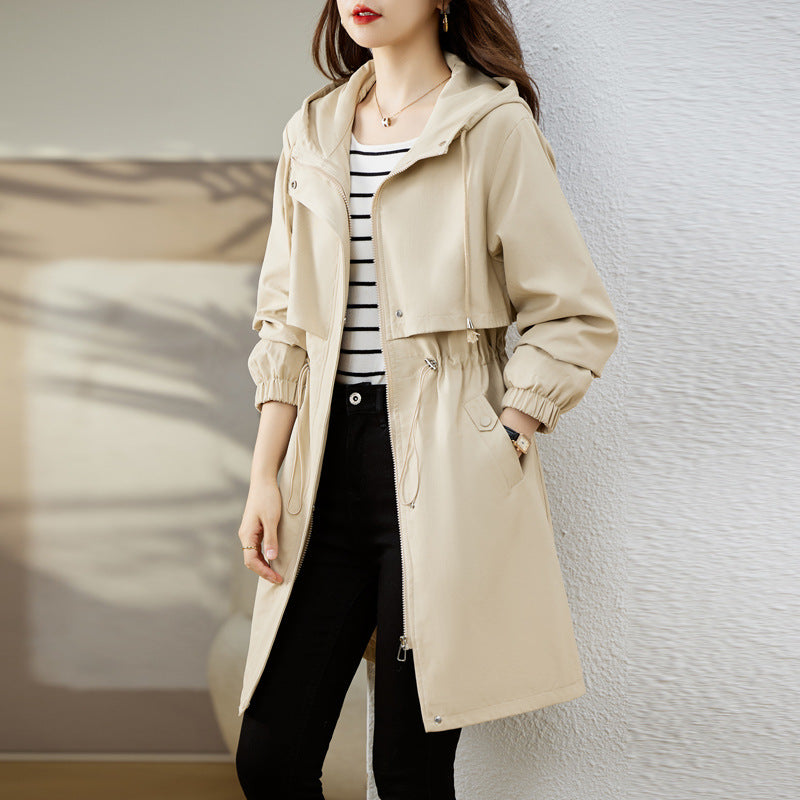 Women's Long Rain Jacket with Hood & Drawstring Waist | Trench