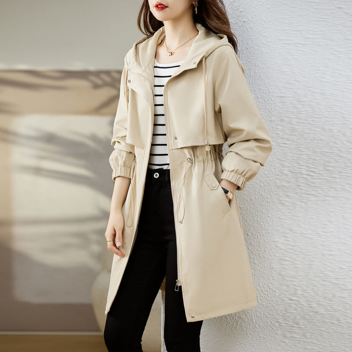Women's Long Rain Jacket with Hood & Drawstring Waist | Trench