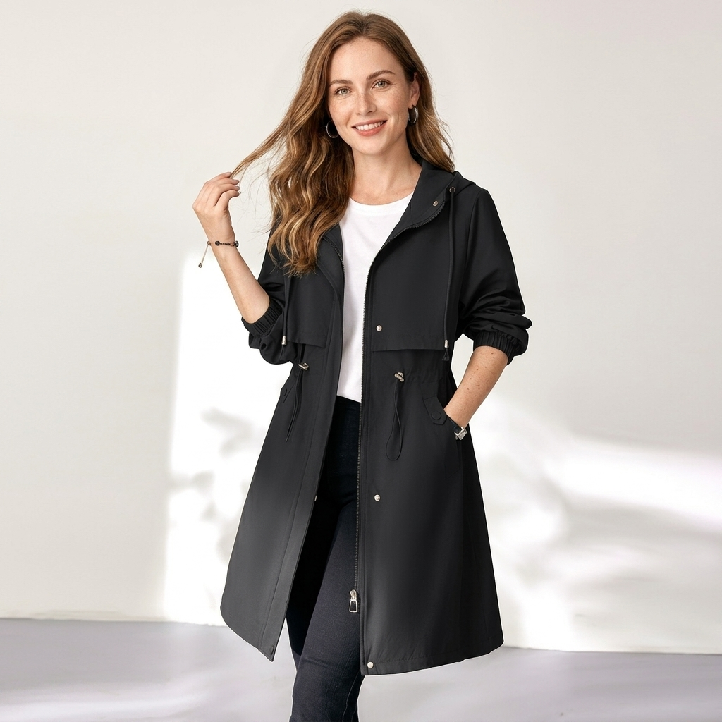 Women's Long Rain Jacket with Hood & Drawstring Waist | Trench