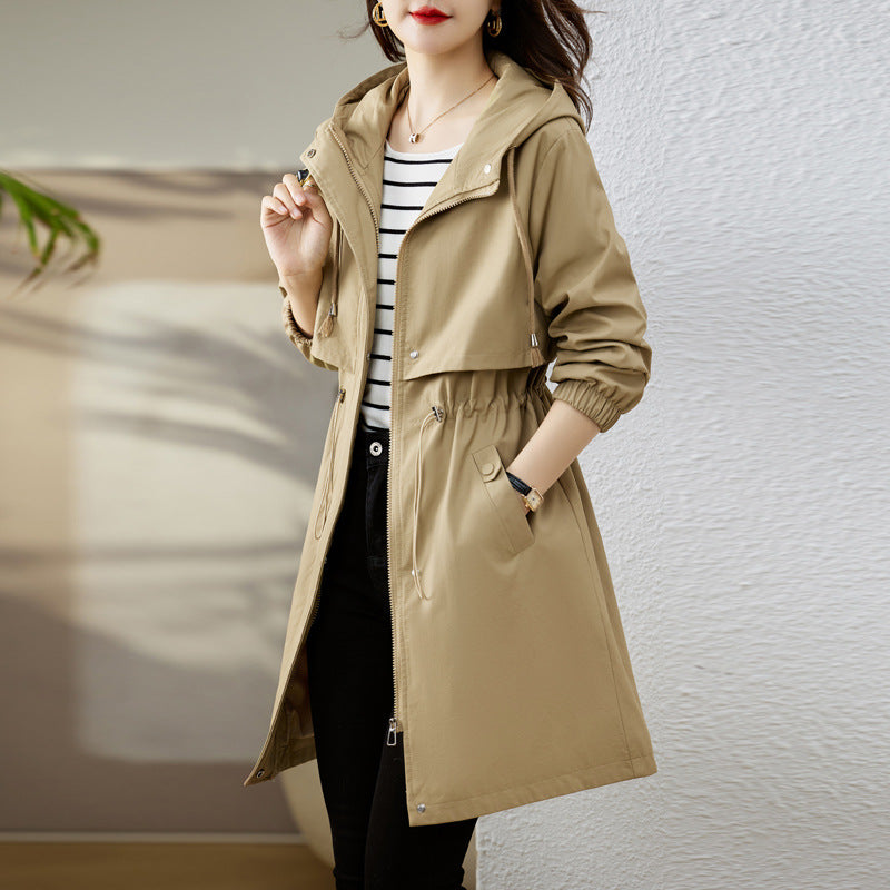 Women's Long Rain Jacket with Hood & Drawstring Waist | Trench