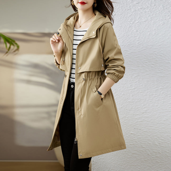 Women's Long Rain Jacket with Hood & Drawstring Waist | Trench