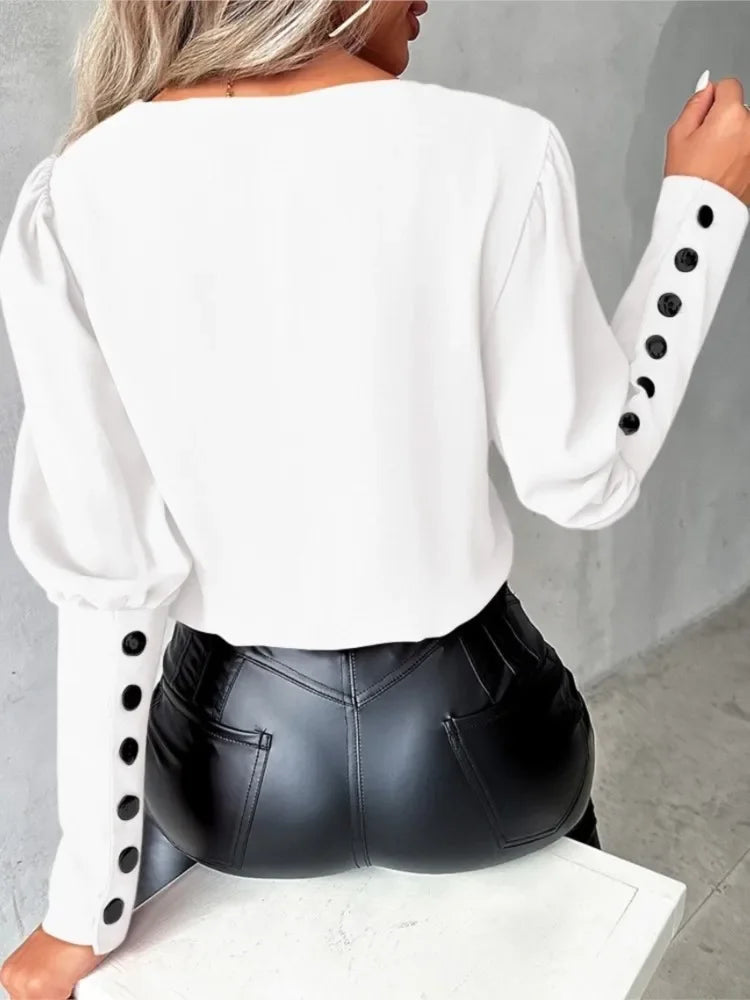 Women’s Long Sleeve Blouse with Contrast V-Neckline | Button Cuffs
