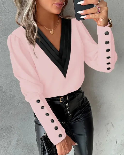 Women’s Long Sleeve Blouse with Contrast V-Neckline | Button Cuffs