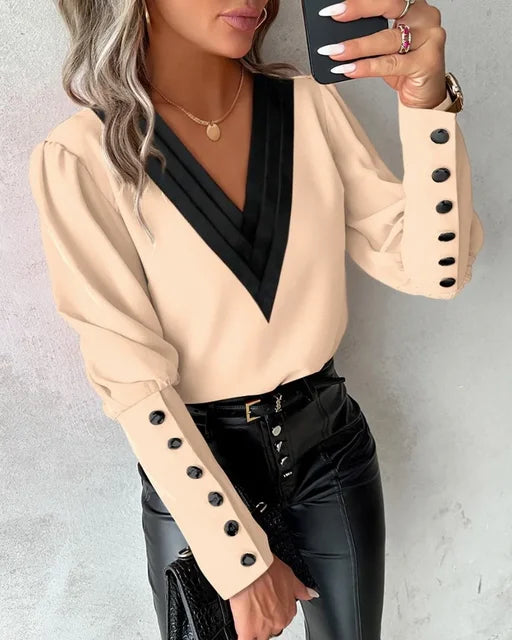 Women’s Long Sleeve Blouse with Contrast V-Neckline | Button Cuffs