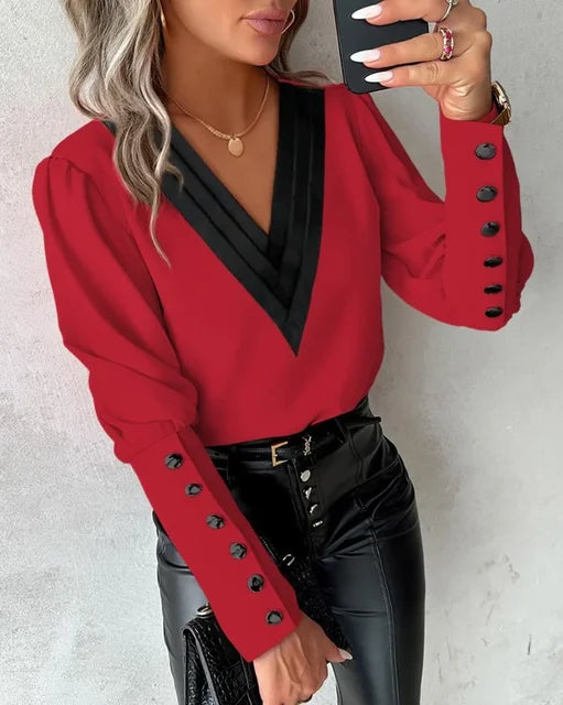 Women’s Long Sleeve Blouse with Contrast V-Neckline | Button Cuffs