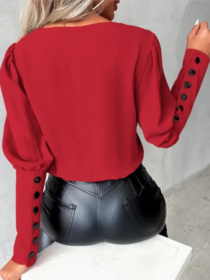 Women’s Long Sleeve Blouse with Contrast V-Neckline | Button Cuffs