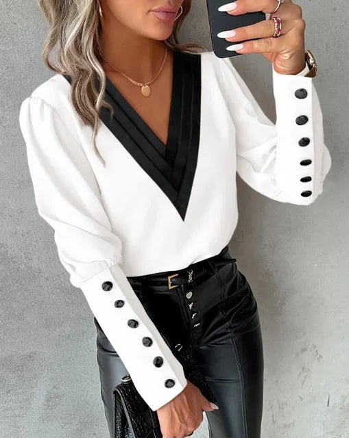 Women’s Long Sleeve Blouse with Contrast V-Neckline | Button Cuffs