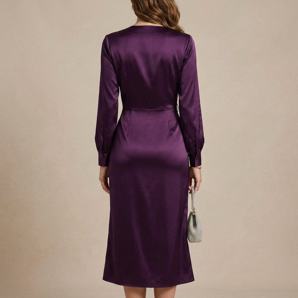 Women's Long Sleeve Dress with V Neck & Tie Waist | Midi Wrap