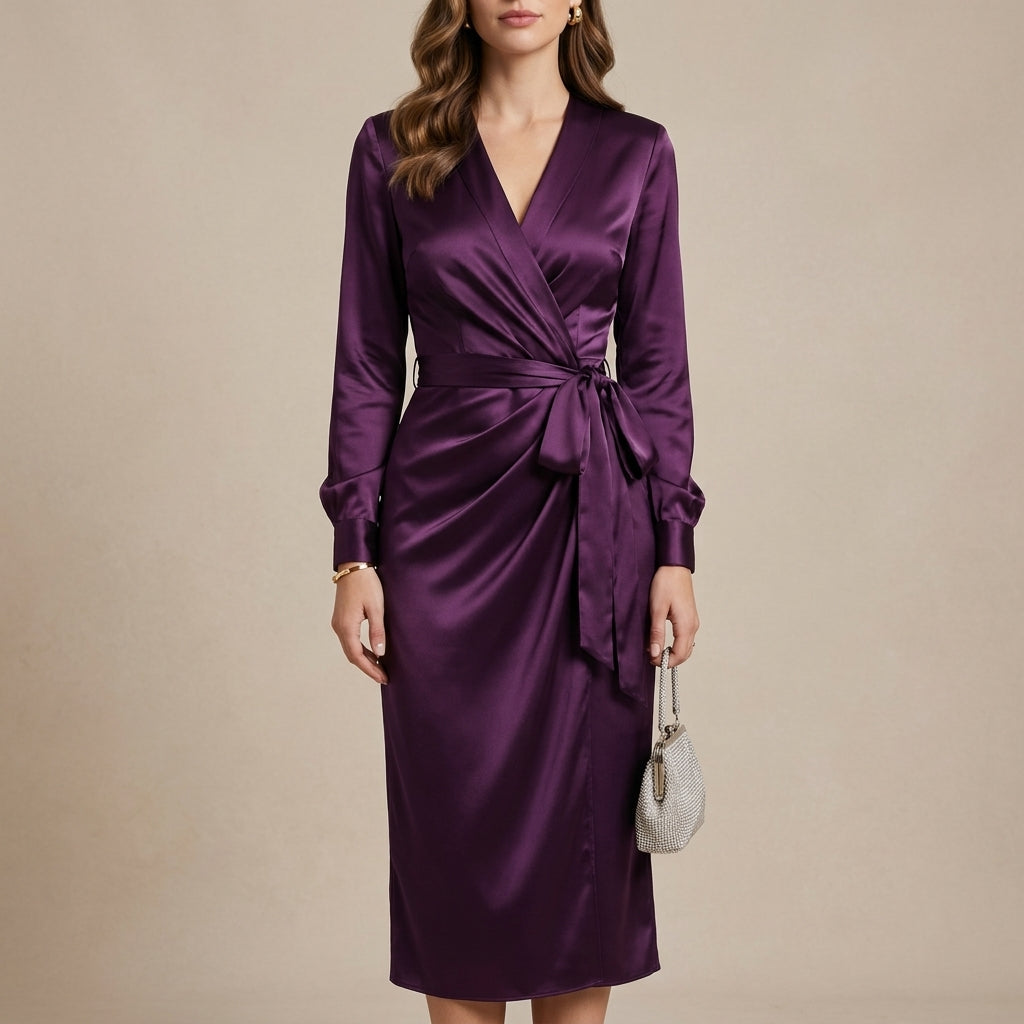 Women's Long Sleeve Dress with V Neck & Tie Waist | Midi Wrap