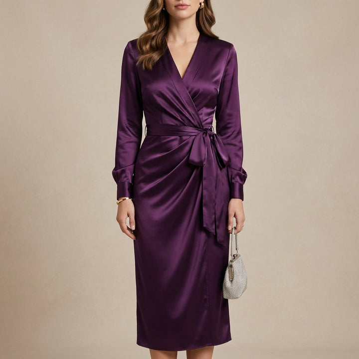 Women's Long Sleeve Dress with V Neck & Tie Waist | Midi Wrap